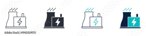 Nuclear power plant icon set, cooling tower electricity generation symbol, outline and solid silhouette style. Vector illustration.