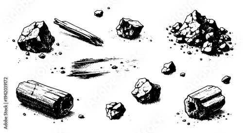 Collection of scattered rocks stones and broken wooden logs in hand drawn sketch style