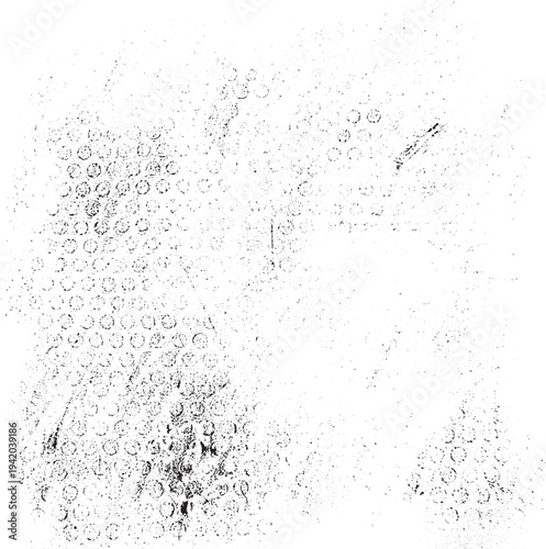 Monochrome texture composed of irregular graphic elements. Distressed uneven grunge background. Abstract vector illustration. Overlay for interesting effect and depth. Isolated on white background.