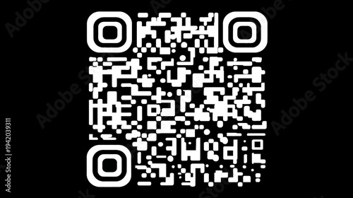 A black and white QR code composed of white squares and dots on a black background