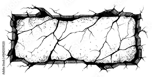 Cracked rectangular stone block with deep fissures in vintage woodcut style