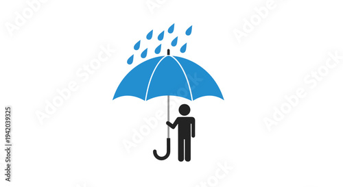 A person holding a blue umbrella in the rain with raindrops falling.