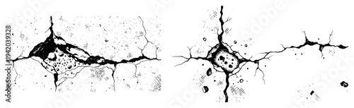 Set of cracked ground surface textures with impact holes in vintage engraving style