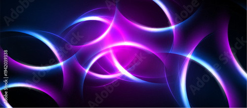 Abstract glowing shapes overlap, creating vibrant energy. Dark background emphasizes bright neon colors, smooth curves dominate composition.