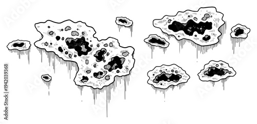 Set of irregular damage holes or cloud shapes in woodcut style