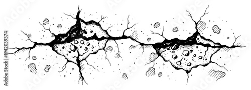 Cracked concrete wall or ground surface in vintage woodcut style