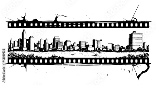 Modern city skyline framed by film strip borders in engraving style