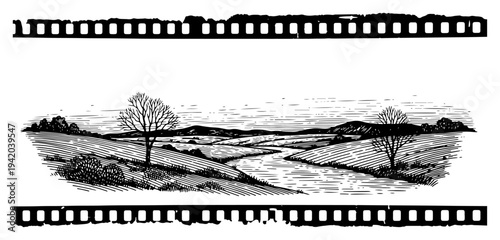 Rural landscape scene with trees and hills framed by film strip borders in engraving style