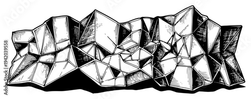 Abstract geometric mountain range with faceted crystalline peaks in hand drawn engraving style