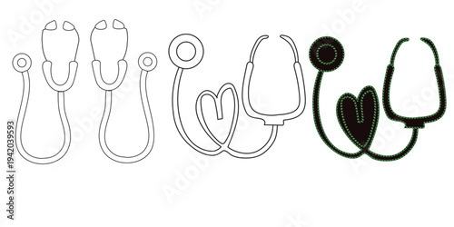 Stethoscope illustrations in various line styles and colors