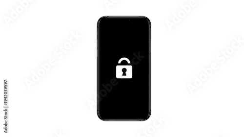 A black smartphone displays a white lock icon on a dark screen, set against a white background
