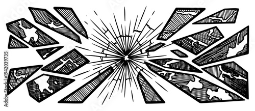 Exploding shattered glass fragments with sharp shards and radiating impact lines in vintage woodcut style