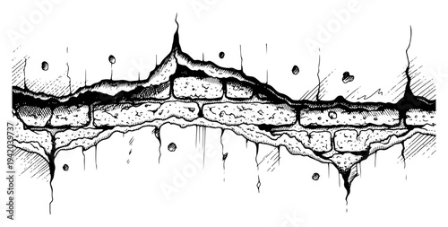 Horizontal cracked wall breach revealing inner brickwork texture in hand drawn vintage engraving style