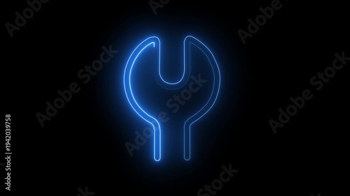 Neon line art icon of a wrench, representing tools animation with black background.