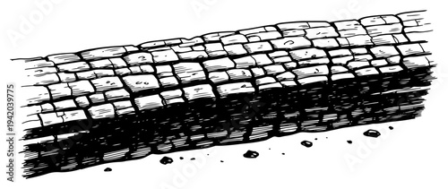 Perspective view of an ancient stone block wall foundation in vintage woodcut engraving style