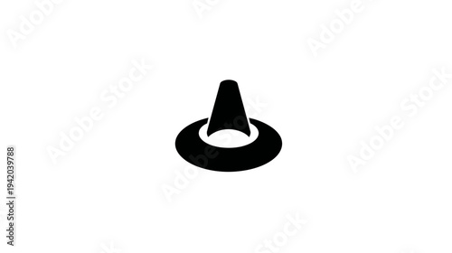 A simple, black abstract shape featuring a central conical element atop a circular, open base