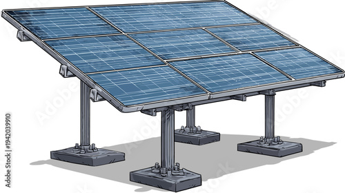 Illustration of a solar panel array mounted on support pillars for generating clean electricity