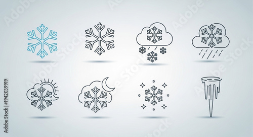 Set of Snowflake and Weather Icon Sketches.