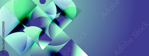 Abstract shapes blend blues, greens. Smooth gradients create dynamic composition. Minimalist design evokes modern aesthetic.