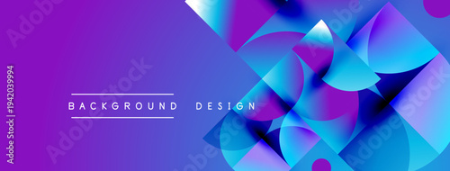 Abstract purple background features overlapping geometric shapes. Blue hues create dynamic visual effect, modern design element.