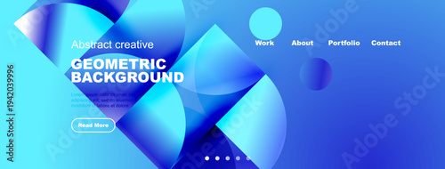 Abstract geometric background design. Blue hues dominate, featuring text, navigation menu, button. Modern aesthetic, vibrant colors.