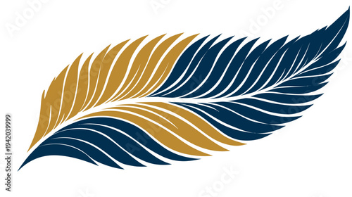 A stylized leaf design, split in two colors, gold and blue, on a white background