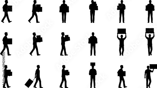 Set of various male silhouettes carrying cardboard boxes, parcels, and luggage, isolated on a white background, perfect for logistics, shipping, delivery, and warehouse design projects.