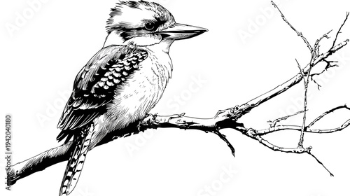 A monochrome illustration of a bird, perched on a branch with twigs, against a white background