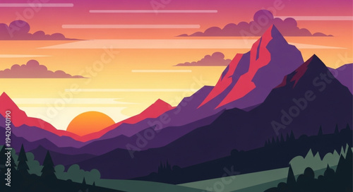 Stylized Mountain Landscape with Sunset Sky and Vibrant Colors.