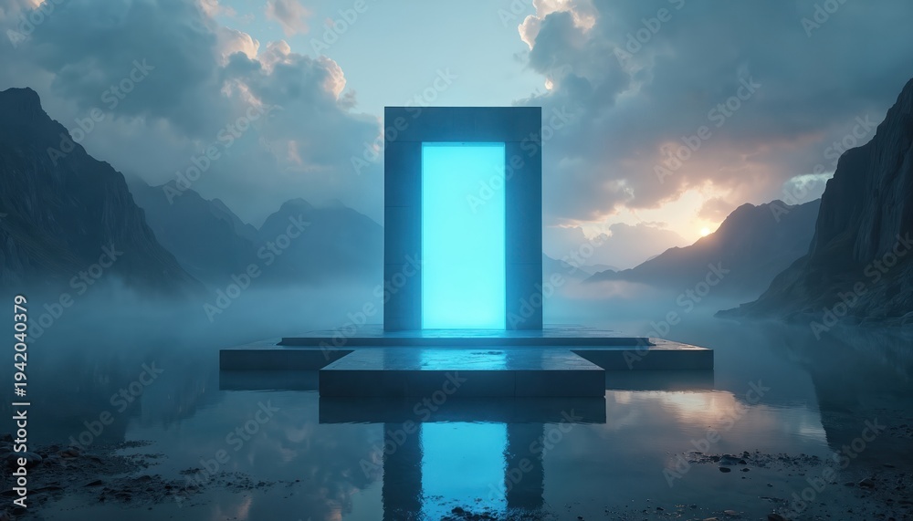 Fototapeta premium Glowing portal structure stands on water near mountains at sunrise. Mist surrounds blue light doorway. Futuristic gateway appears in quiet landscape. Otherworldly travel concept.