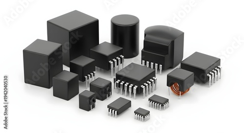 Collection of electronic components including integrated circuits and inductors on white background
