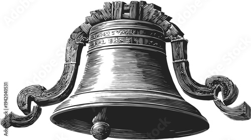 Vintage engraved illustration of a large bell with handles, a clapper, and a decorative top