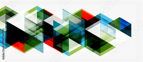 Abstract geometric shapes overlap, creating dynamic visual pattern. Colors include red, green, blue, black, white. Modern design element.