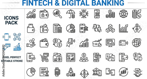 Fintech and Digital Banking Icons Pack: Pixel Perfect Mobile Finance, Cryptocurrency, Digital Payment and Smart Banking Vector Illustrations