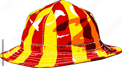 Colorful, stylized image of a bucket hat. Features vibrant stripes and a playful, geometric design