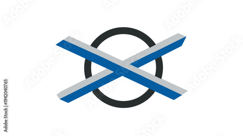 Abstract graphic with two crossed bars over a circle. Blue and gray bars, black circle, white background