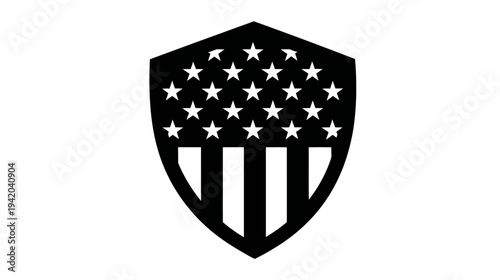 A shield-shaped illustration with stars and stripes, evoking a sense of patriotism