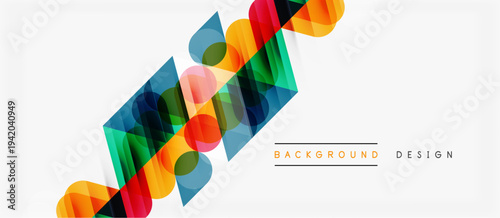 Abstract colorful geometric shapes overlap. Modern design elements create dynamic visual texture. Bright hues contrast white space.