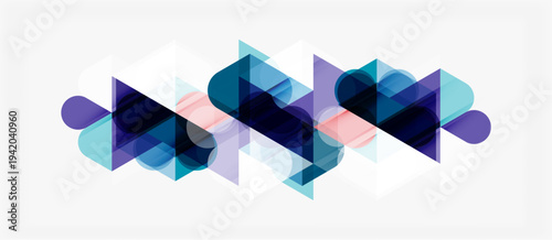 Abstract geometric shapes overlap, creating dynamic composition. Blues, purples, pinks blend seamlessly. Modern design element.