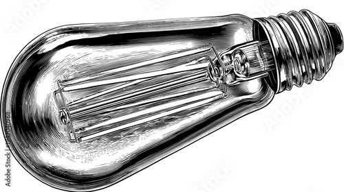 Intricate cross-hatch illustration of a long, vintage-style lightbulb on white, angled