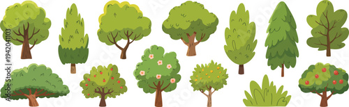 Various cartoon trees and shrubs with different foliage shapes including tall narrow and wide round crowns