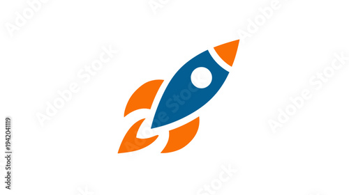 A stylized rocket ship in shades of blue and orange, rising diagonally on a white background
