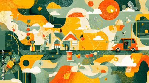 Colorful illustration of a car driving.