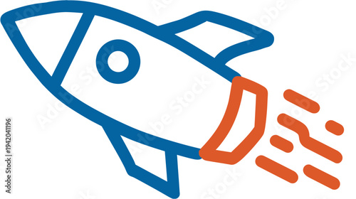 A stylized rocket ship in flight with blue outline and orange flames, on white background