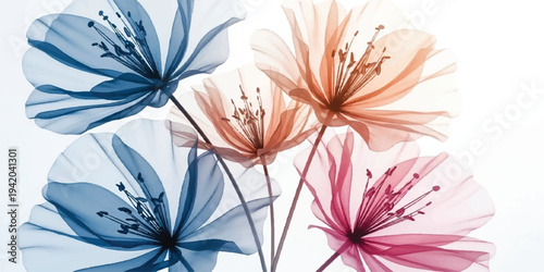 Artistic transparent flowers in blue and orange tones