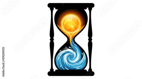 Hourglass with sun and water symbolizing passage of time and natural elements cycle