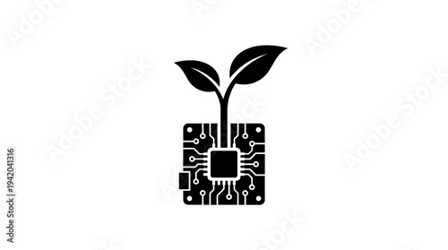 Green technology icon showing small plant seedling growing from center of electronic microchip
