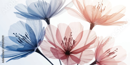 Stylized transparent flowers in blue and red tones