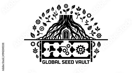 Global seed vault logo design with underground storage bunker and tree roots protecting nature