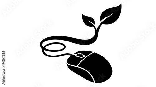 Eco friendly computing symbol with computer mouse cable transforming into leafy organic plant